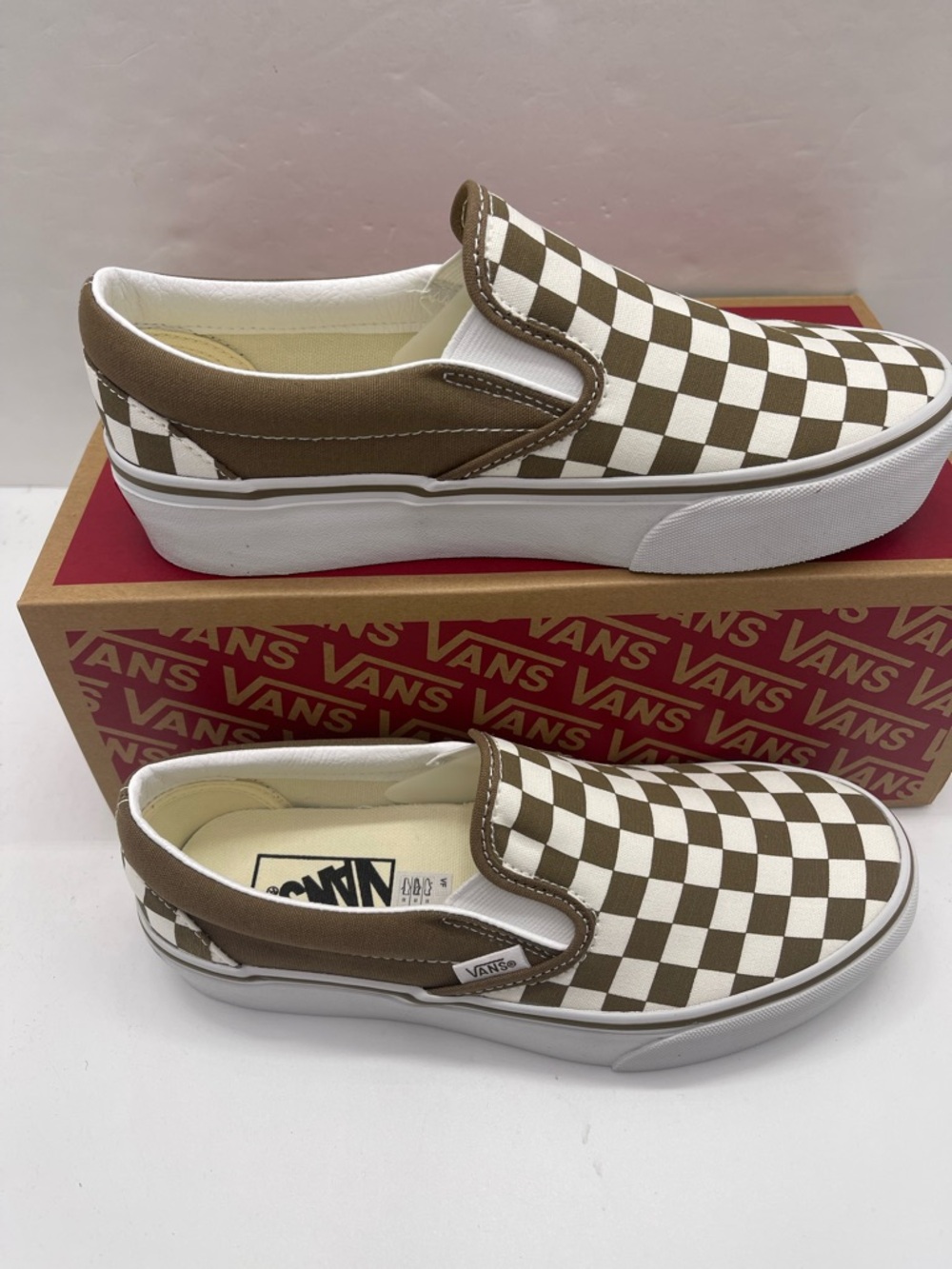 Vans Slip-On Platform Sneakers Checkerboard Sepia Brown VN00018E0E0 New - Picture 2 of 16